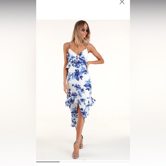 Island Time Blue and White Floral Print Ruffled Midi Dress by LULU's - Picture 3 of 16